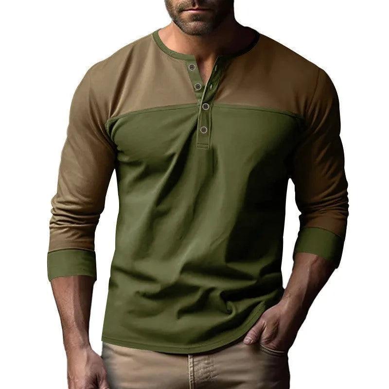 Men's long sleeve T-shirt with Henry collar in beaded twill fabric