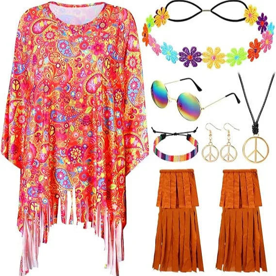 Tie dye cloak costume with bell sleeves in rainbow colours for Halloween and fantasy events