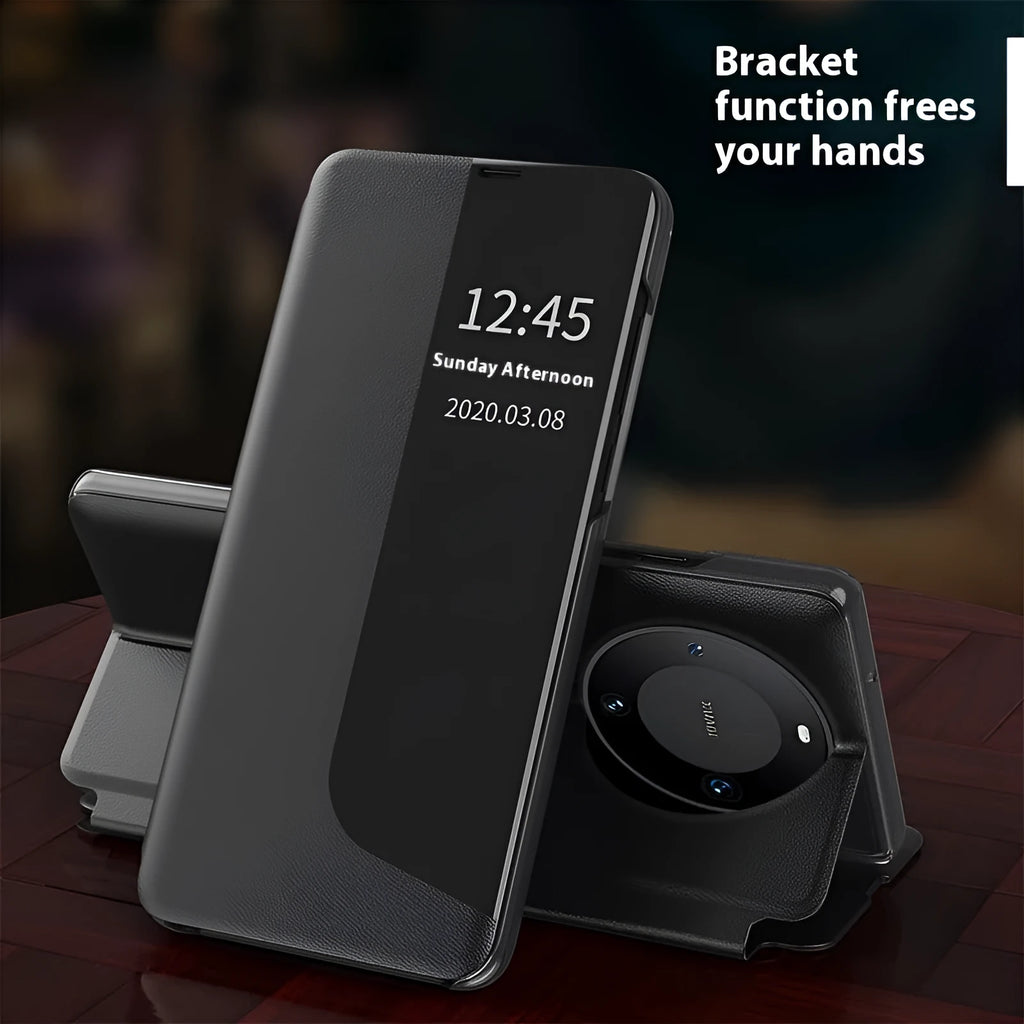 Magnetic side window phone case with flip bracket for Huawei Honor in Still Night Black PC leather