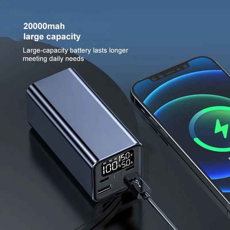 65W laptop charging bank with 20000mAh battery in metal casing showing black, blue and grey colour options