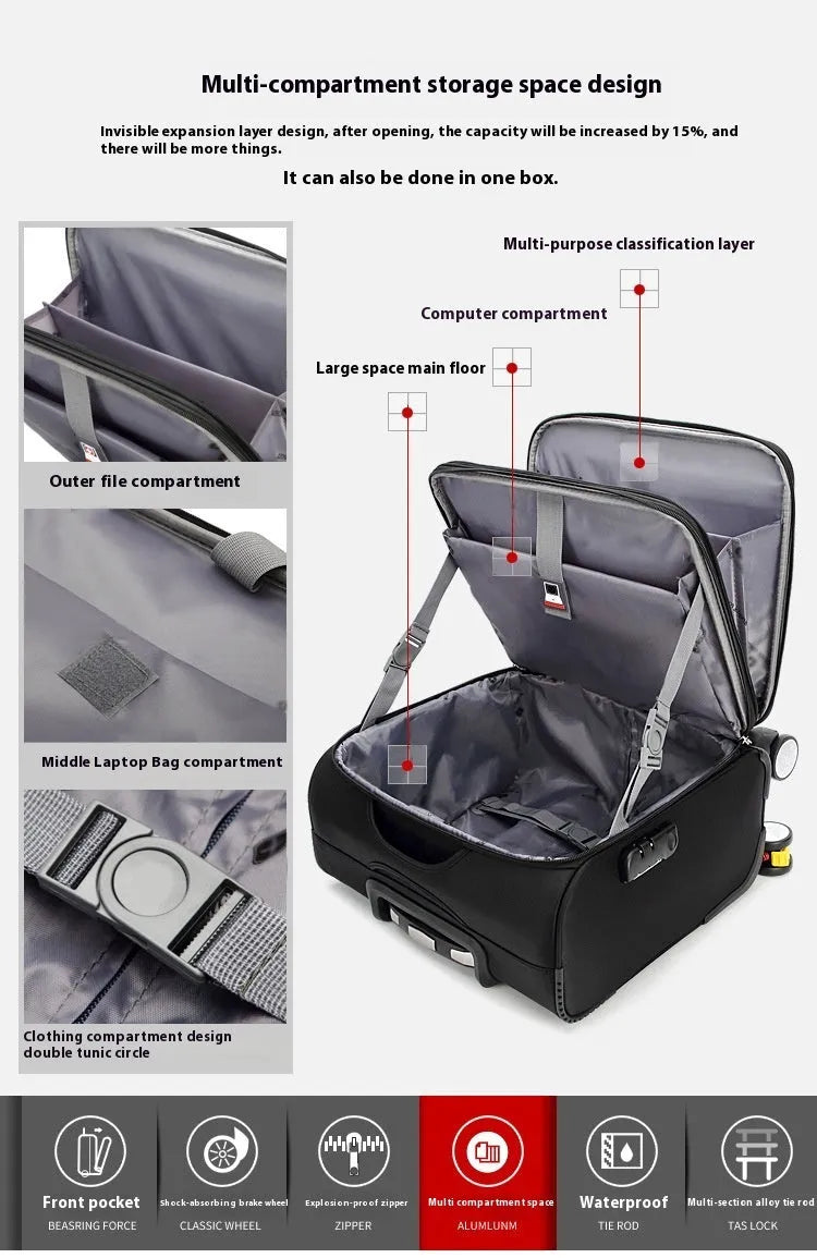 Black 18 inch Oxford cloth business suitcase with universal wheels and retractable handle