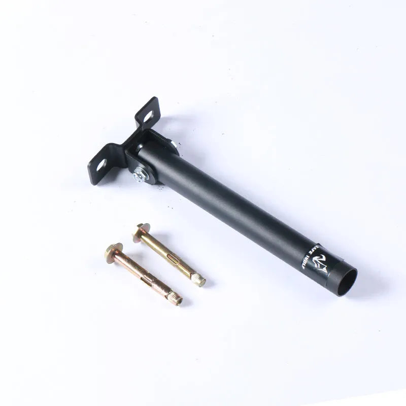 Steel wall-mounted rack holding 25 metal rods or barrels