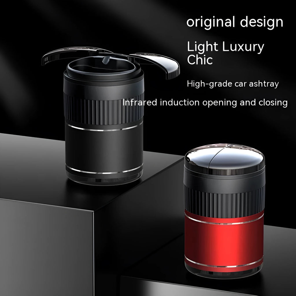Metal car ashtray with automatic lid in black, green, red, or silver, showing compact 113mm by 72mm size.