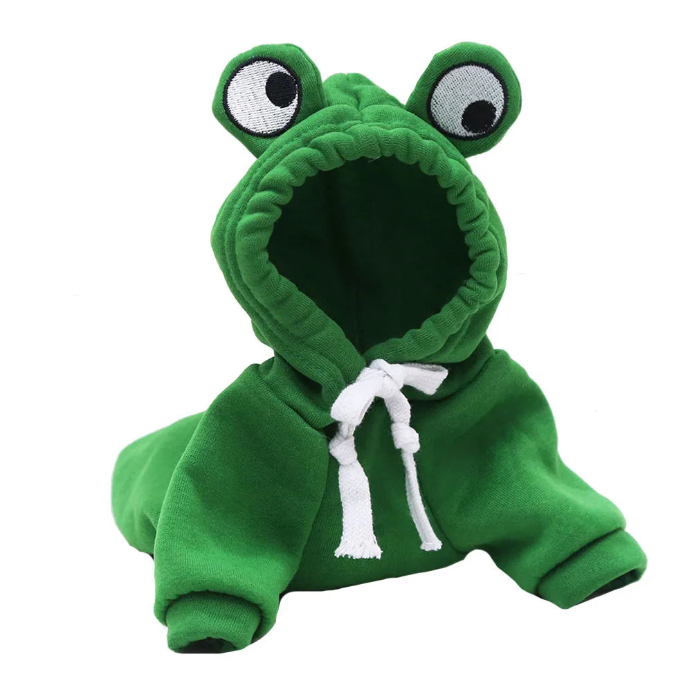 Green frog costume hoodie on a small dog, showing the four-leg design and hood.