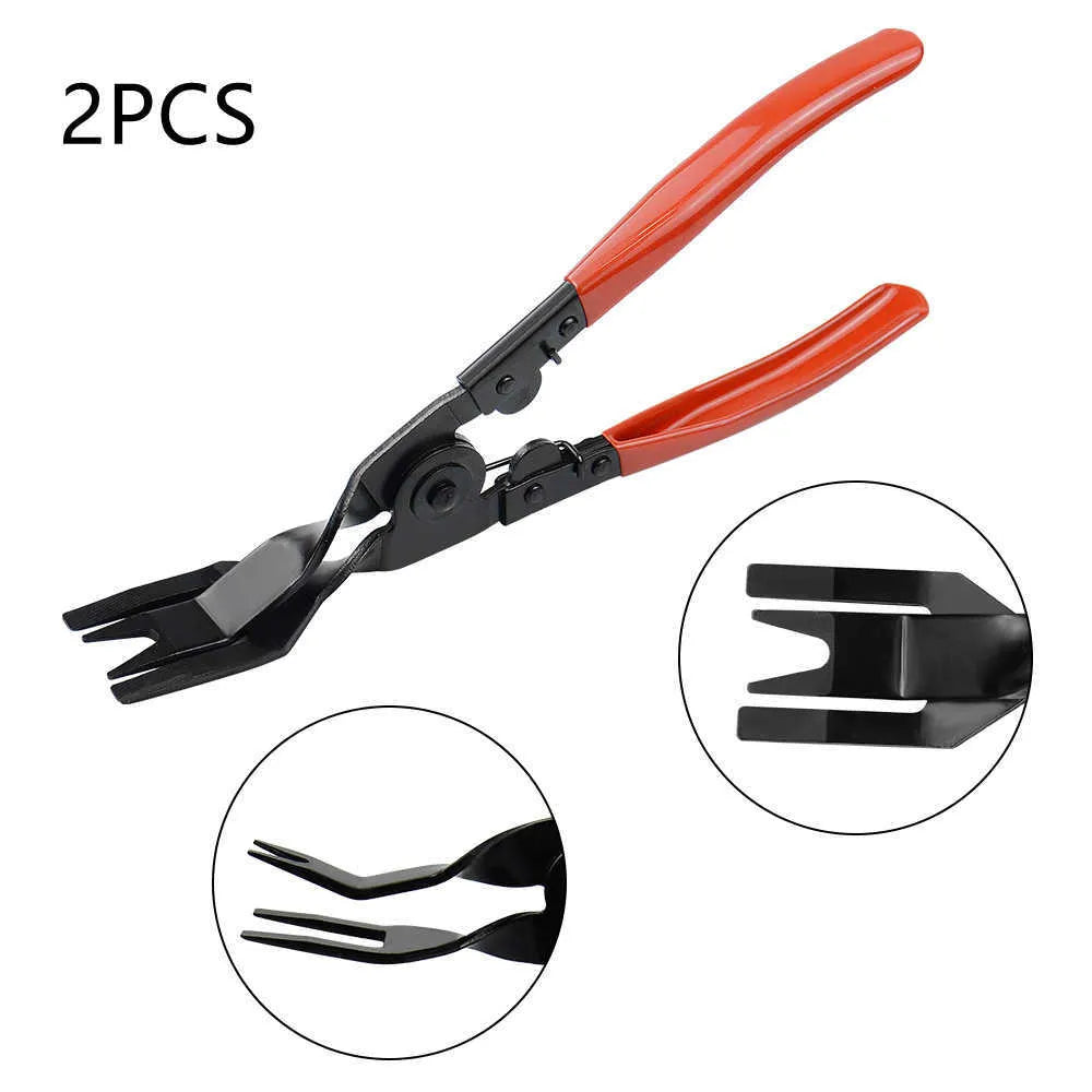 Red-handled steel automotive clip removal tool for General Motors door panels