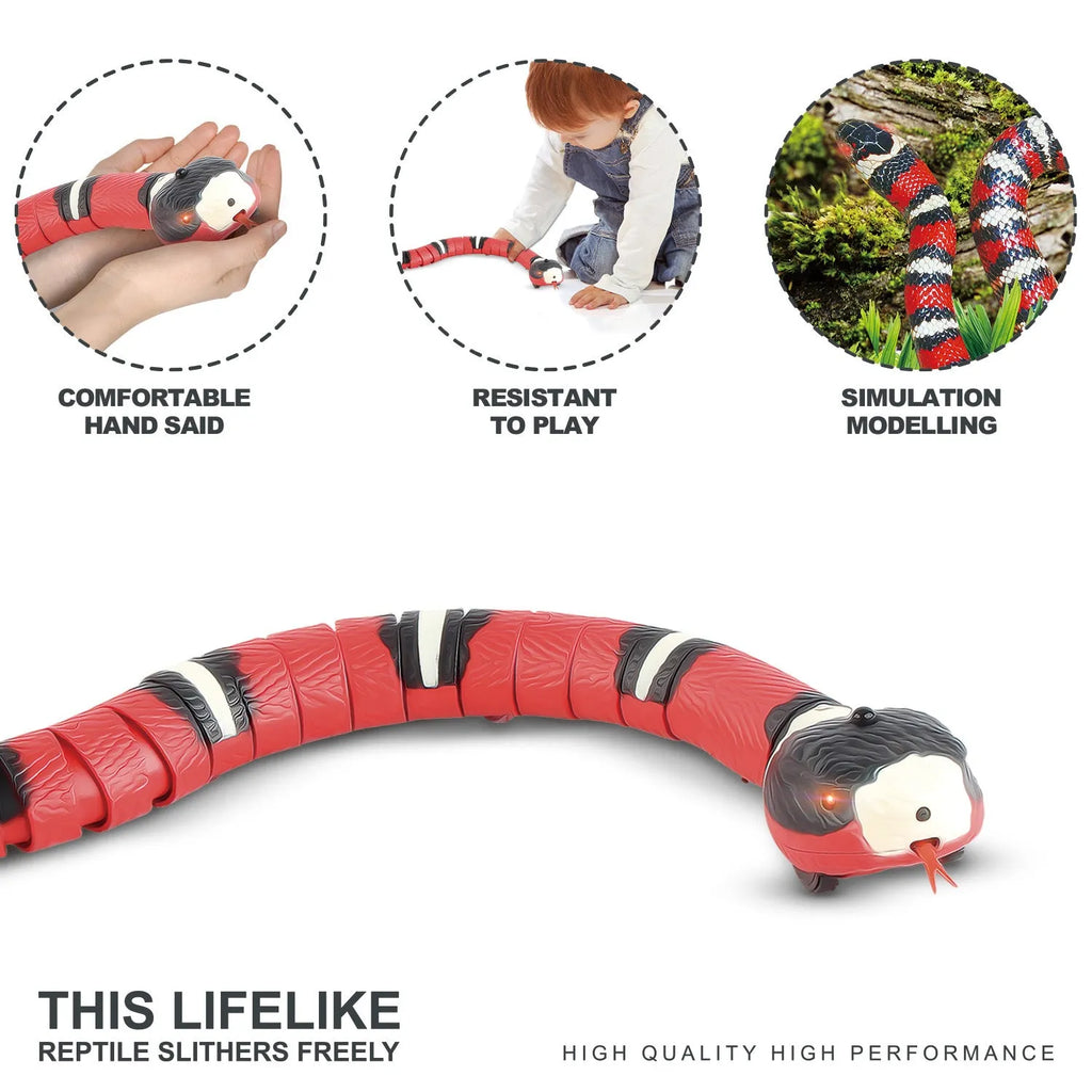 Automatic electronic snake cat toy with segmented plastic body on a floor.