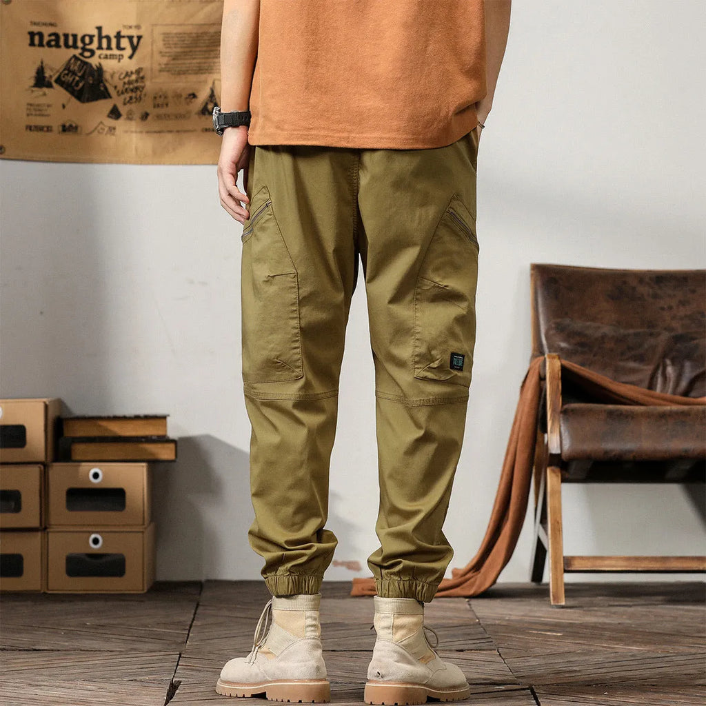 Men's cotton Korean style harem trousers with tapered legs in khaki colour