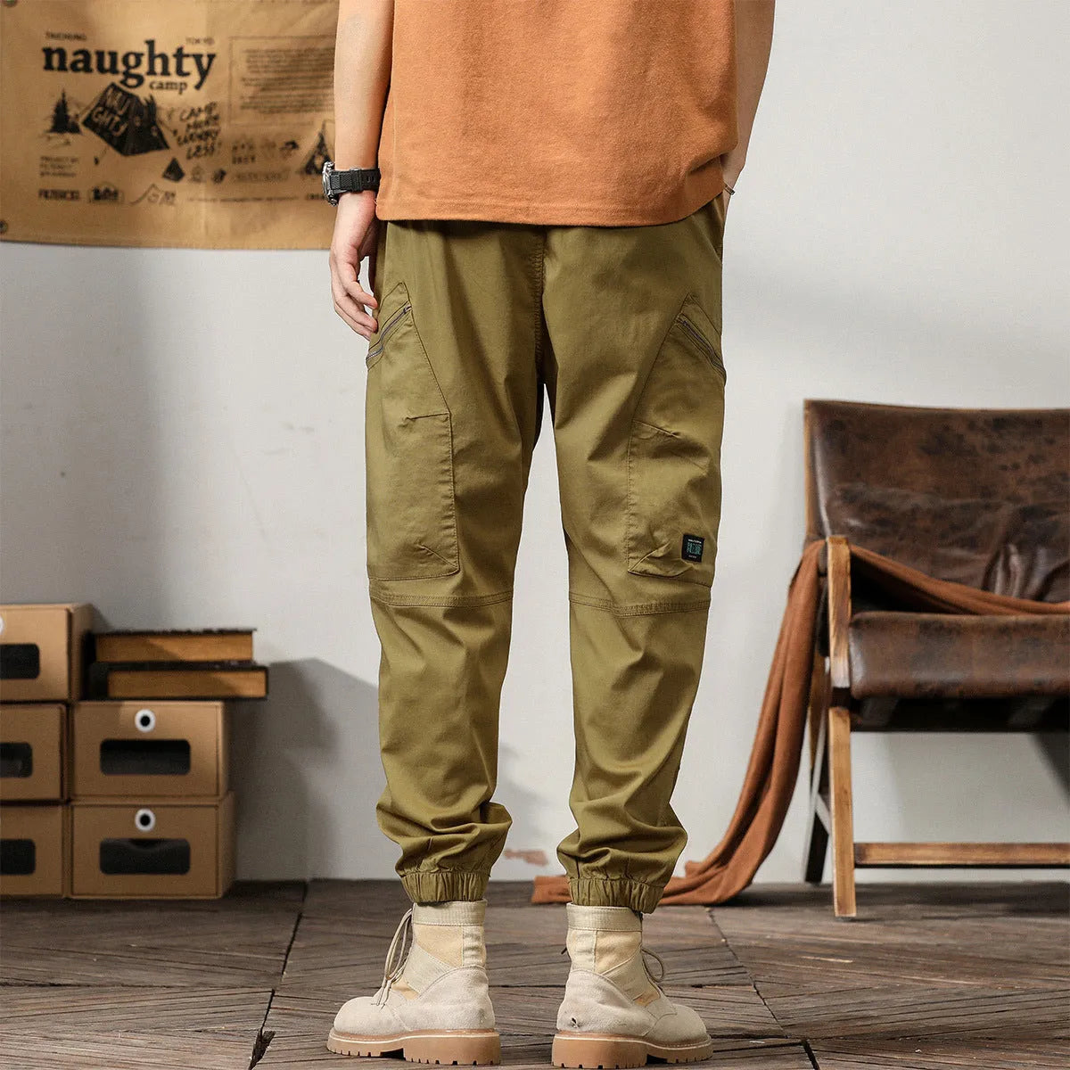 Men's cotton Korean style harem trousers with tapered legs in khaki colour