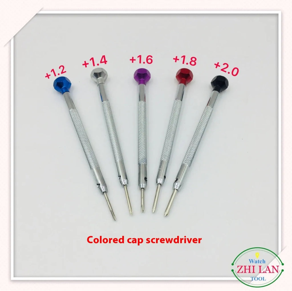 Six colour-coded aluminium screwdrivers for watch repair with copper handles and oxidised cutter heads