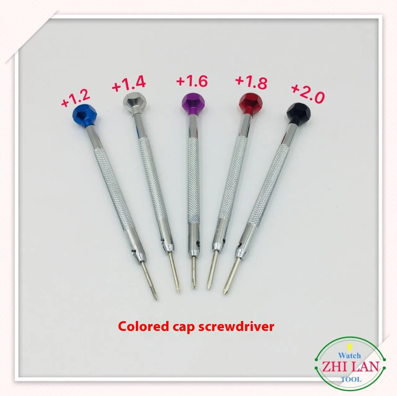 Six colour-coded aluminium screwdrivers for watch repair with copper handles and oxidised cutter heads