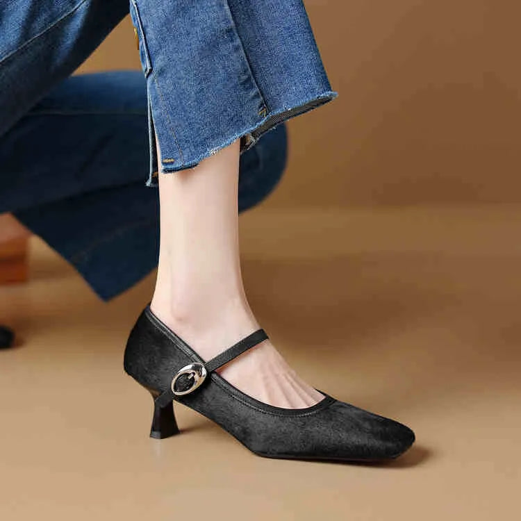 Women's black square toe stiletto ankle-strap shoes with horse hair upper and buckle closure