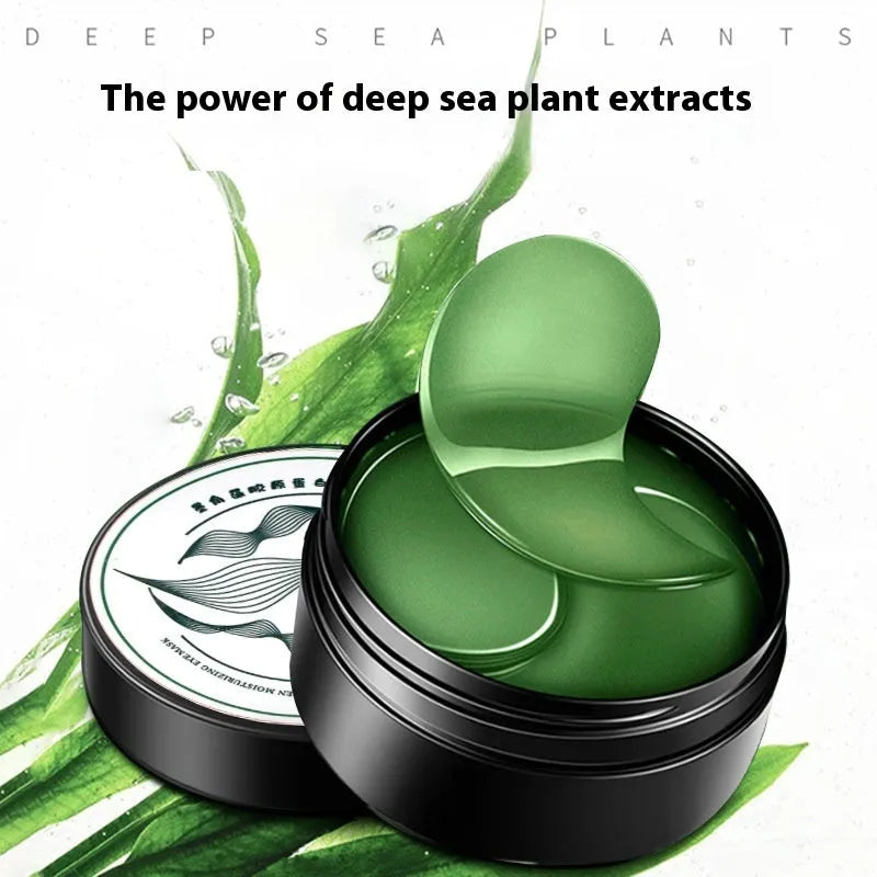 Pack of 60 green seaweed collagen essence sheet eye masks for moisturising.