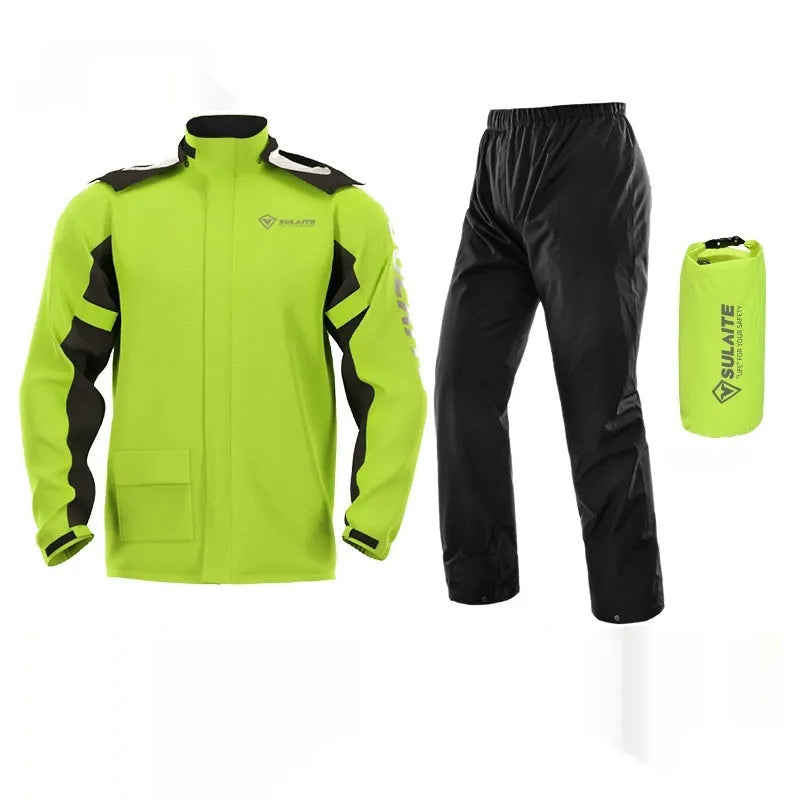 Adult motorcycle raincoat and rain pants suit with hidden shoe covers in a storage bag.