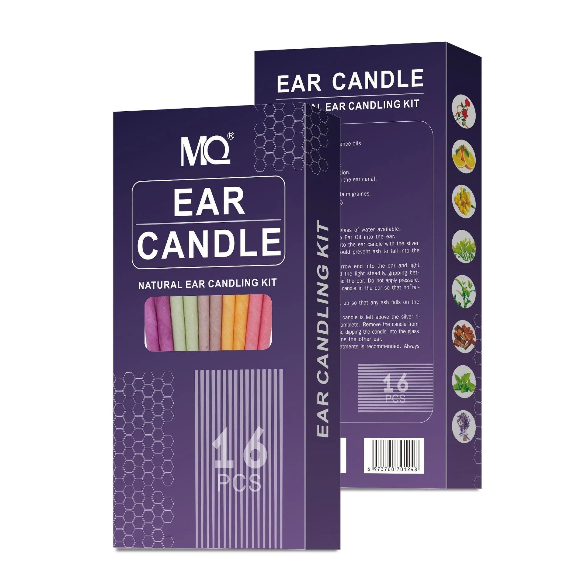 MQ Horn ear candles kit showing cotton cloth candles, protection boards, and cotton swabs in assorted colours.