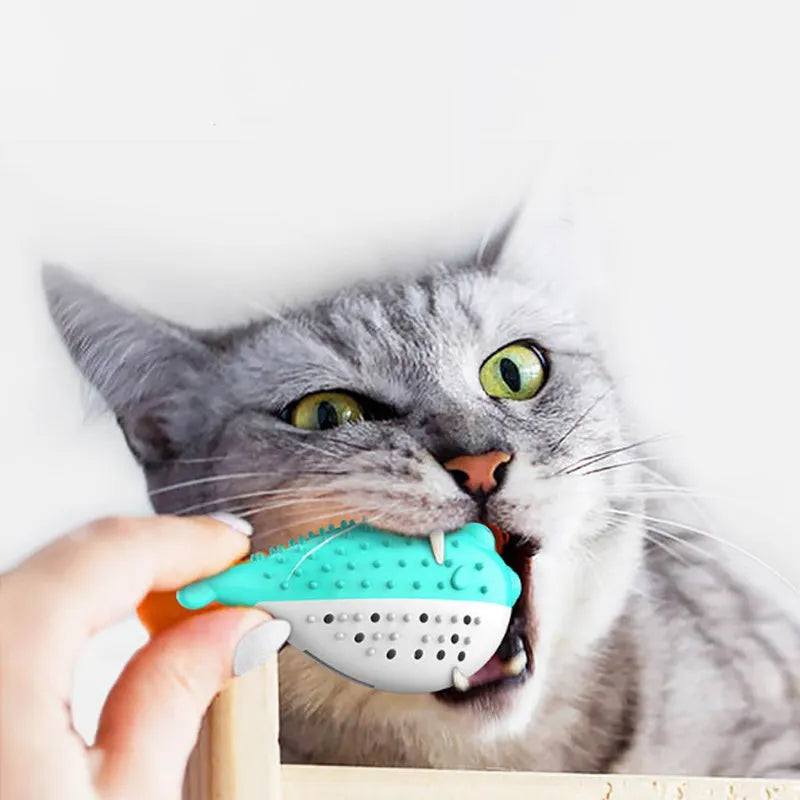 Silicone fish-shaped cat chew toy with grabbing feature in blue, green, pink or yellow options