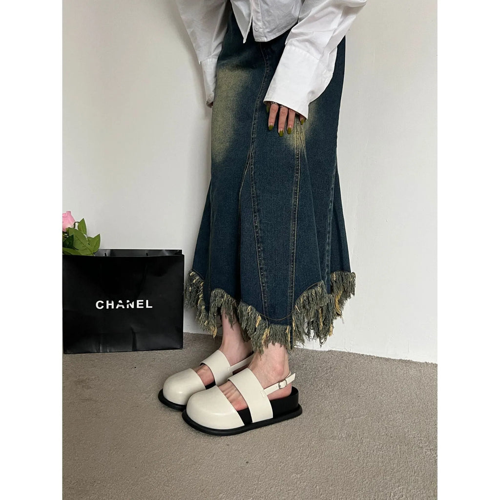 Women's retro apricot closed-toe sandals with an ankle strap buckle on a microfiber upper.