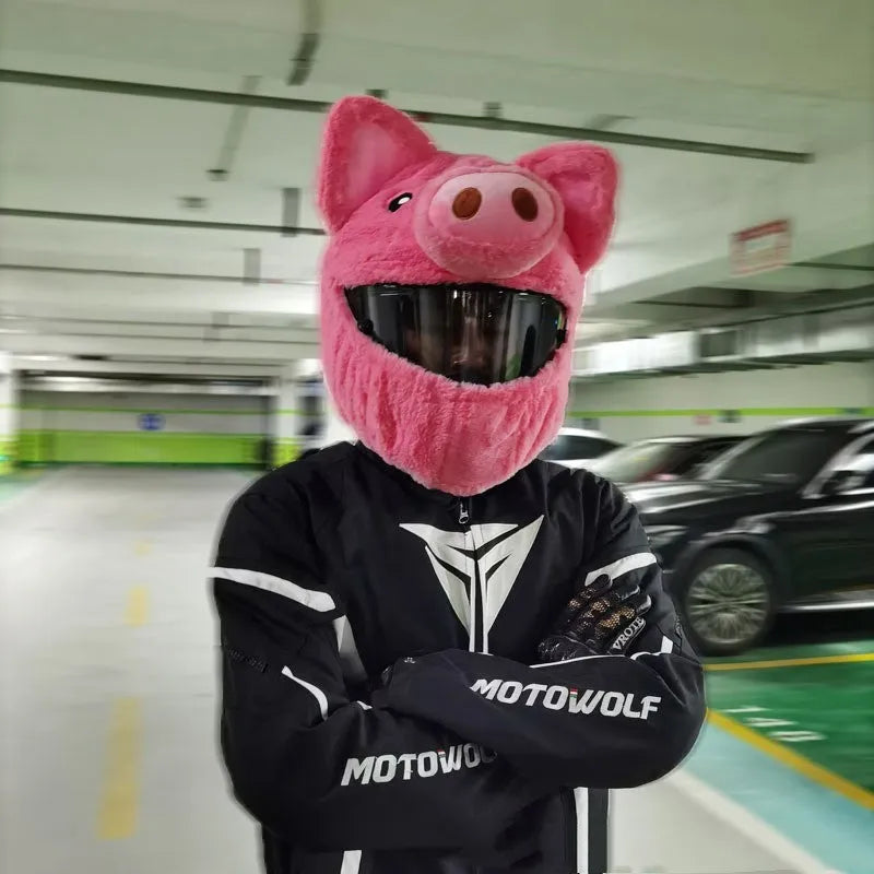 Pink pig cartoon plush helmet protective hood made from PV velvet cloth fabric with protective sleeve