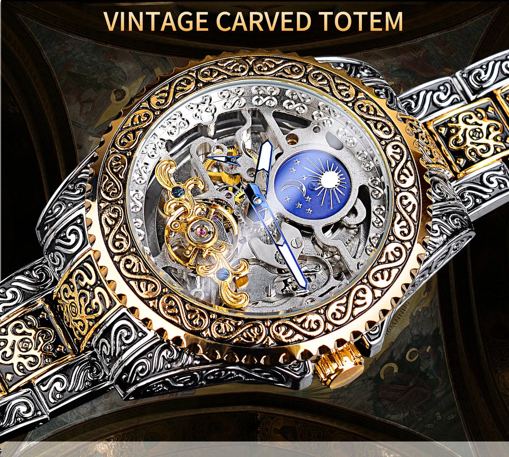 Forsining yellow skeleton tourbillon mechanical watch with stainless steel band