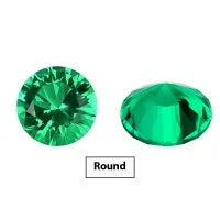Loose cultivated emerald gemstone cabochon in Columbia green showing polished round and Asscher cut shapes.