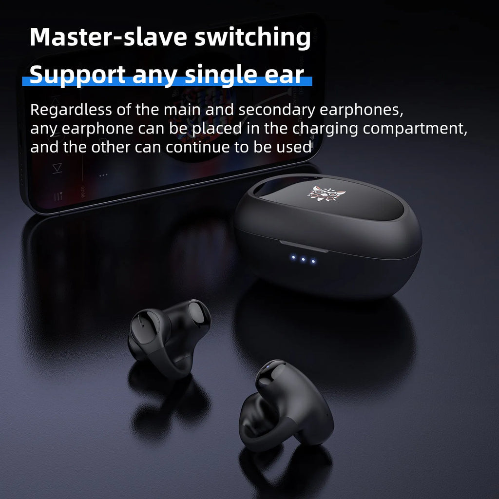 Black Bluetooth gaming headset with clip-on ear hook design for sports and e-sports wireless use