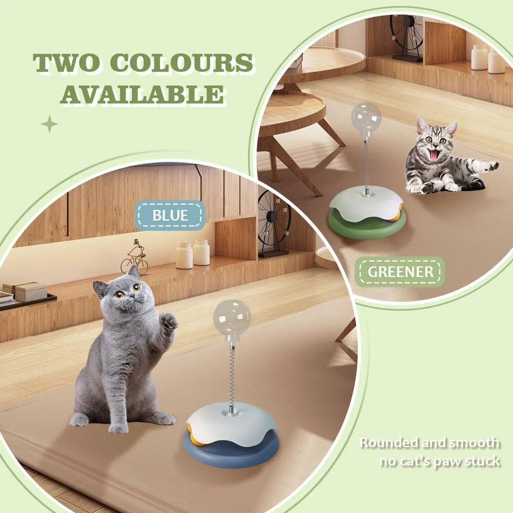Blue cat treat dispenser toy with track ball design on white background
