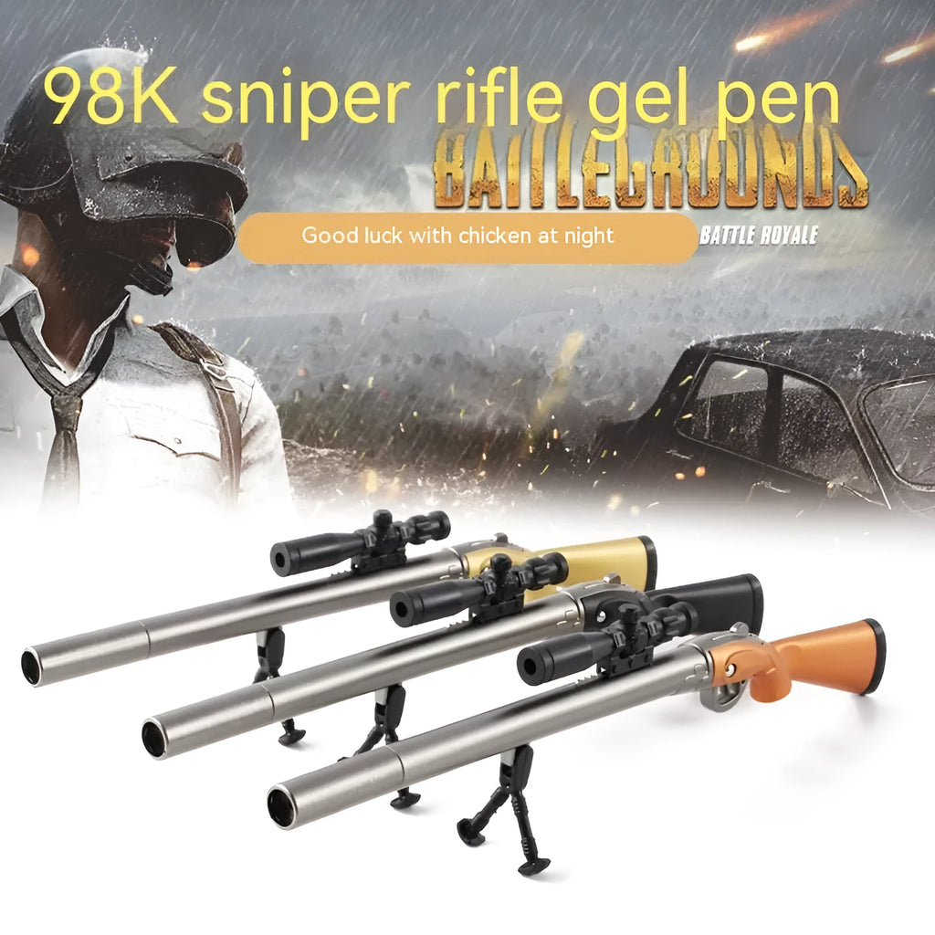 Chicken 98K Sniper Rifle shaped plastic gel pen with 0.5mm tip shown next to Ace Agent Black and Blue ink options.