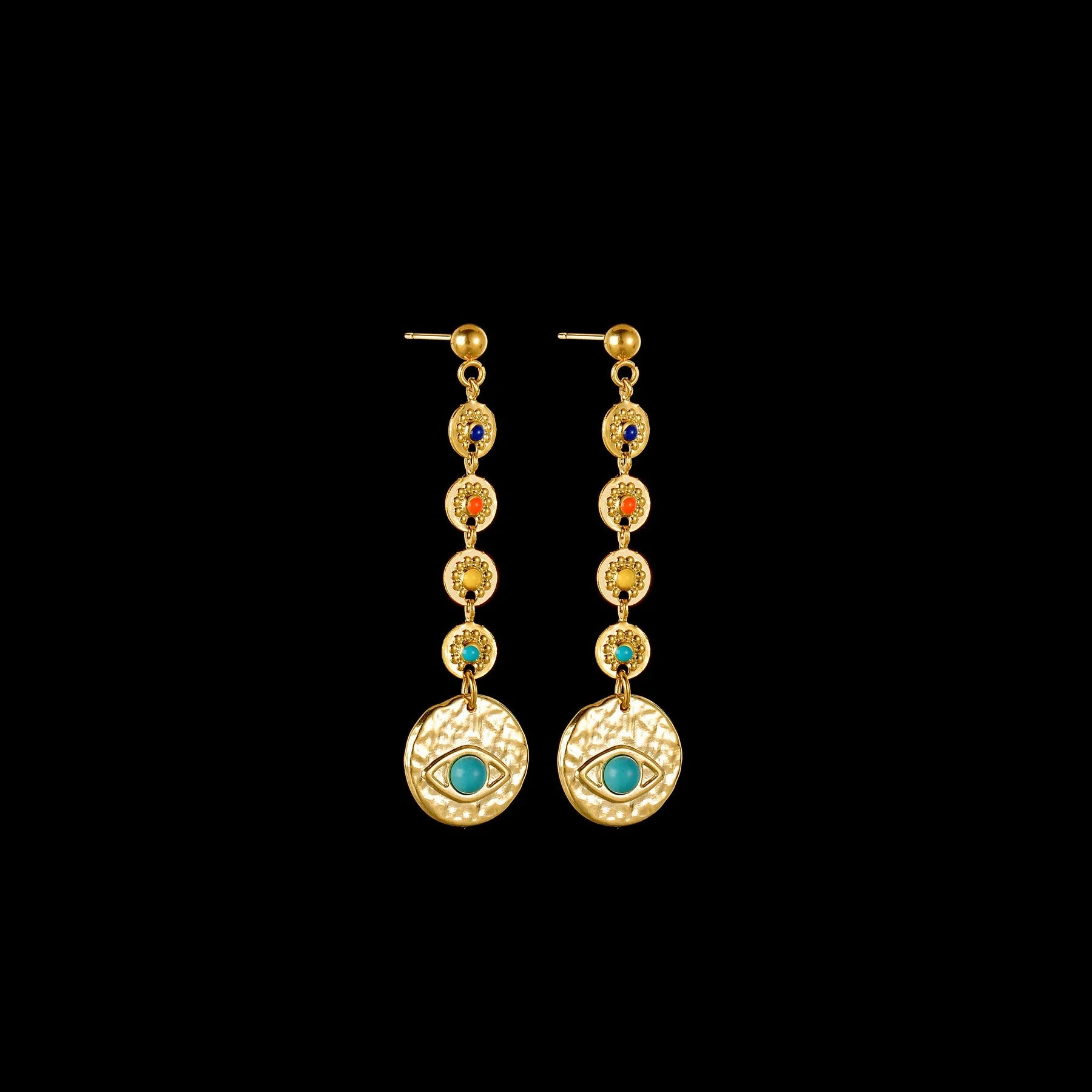 Geometric stainless steel drop earrings showing eight awn star, eye, and shell sun designs