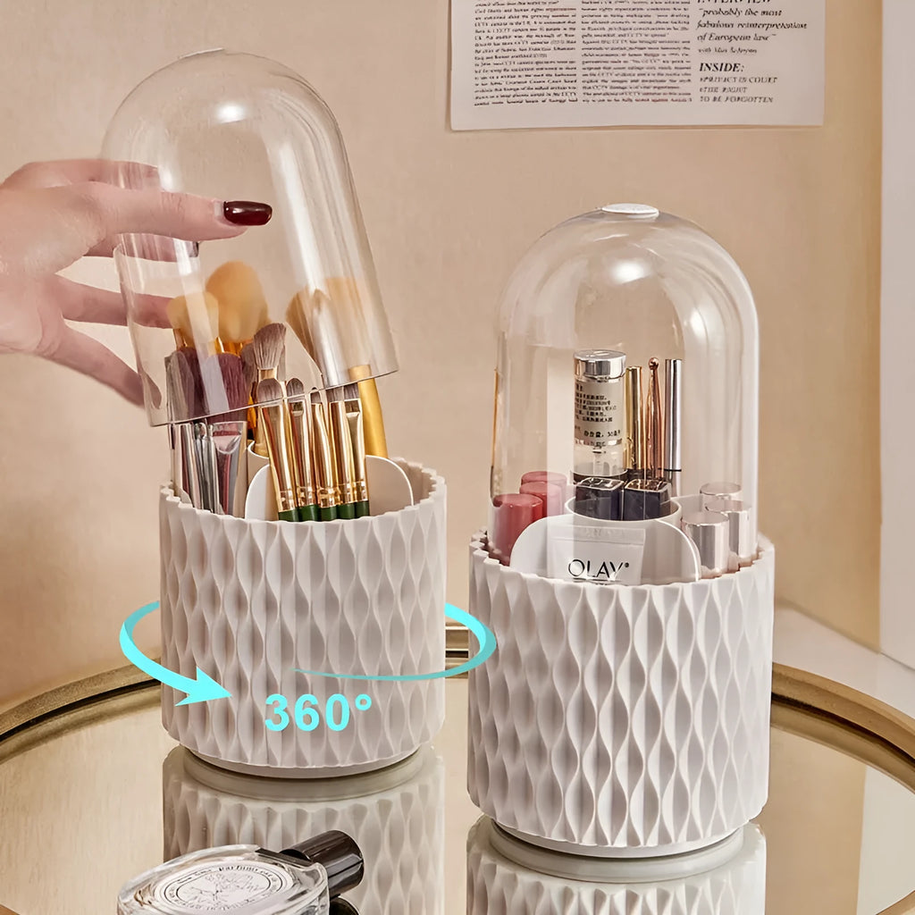 White rotating acrylic makeup brush storage holder with transparent design and dust cover