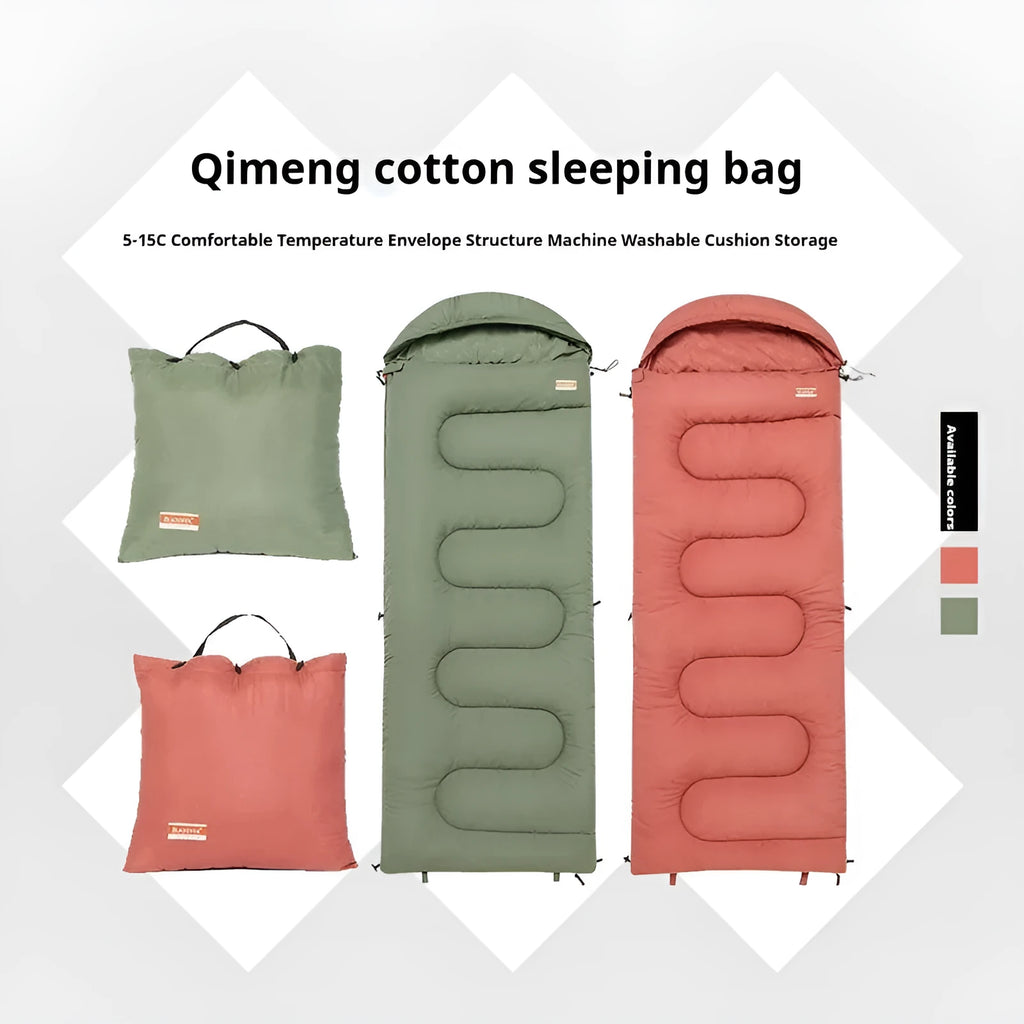Portable cotton sleeping bag in ochre or olive green colour for camping