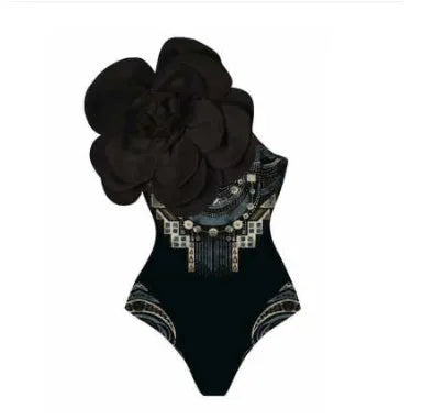 Nylon one-piece swimsuit with floral print, shown in European and American fit.