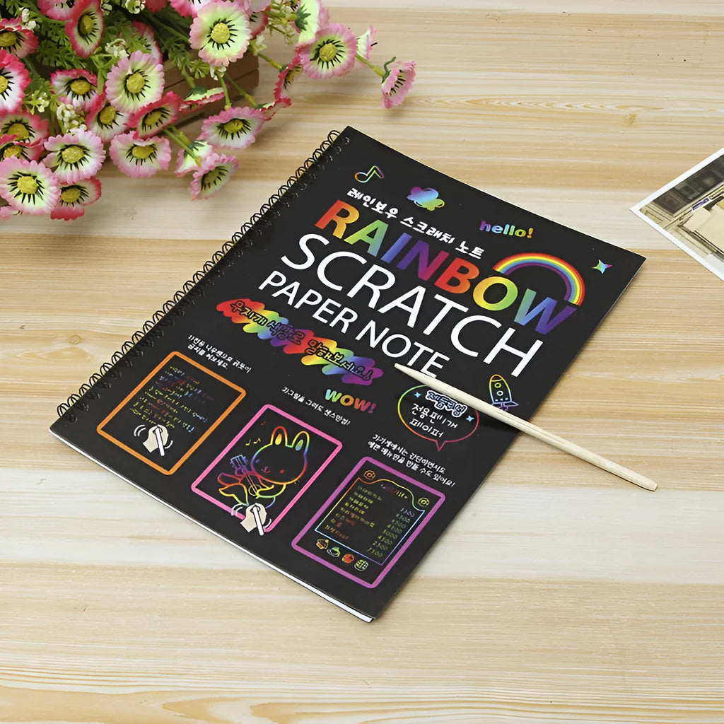Children's large scratch art paper set with 26x19 cm format and scraping tool