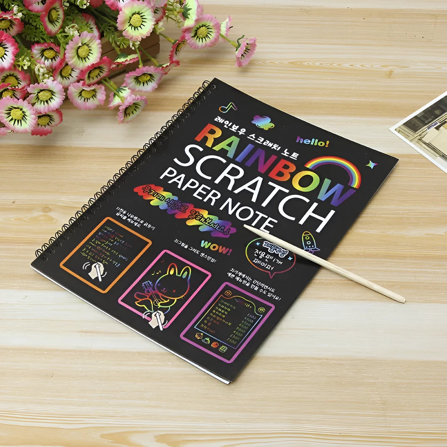 Children's large scratch art paper set with 26x19 cm format and scraping tool