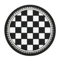 PVC car cup holder mat in black and white checkerboard pattern showing dimensions of 15.2 by 10.1 centimetres