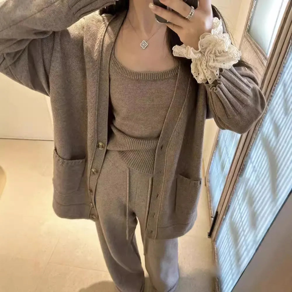 Women's wool blend knit cardigan three-piece set with suspender casual pants in loose fit Japanese Korean style