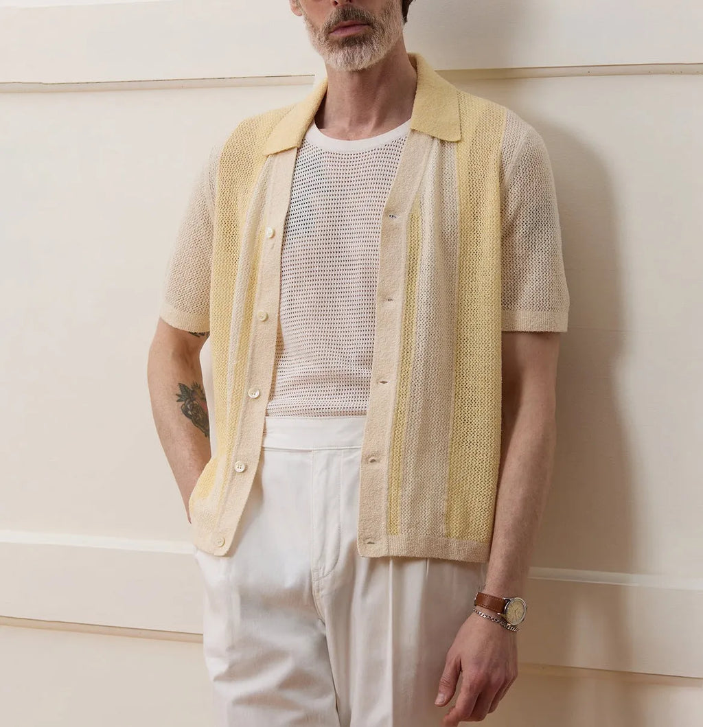 Yellow casual polo shirt with hollow-out detailing and asymmetric design, short sleeves for summer wear