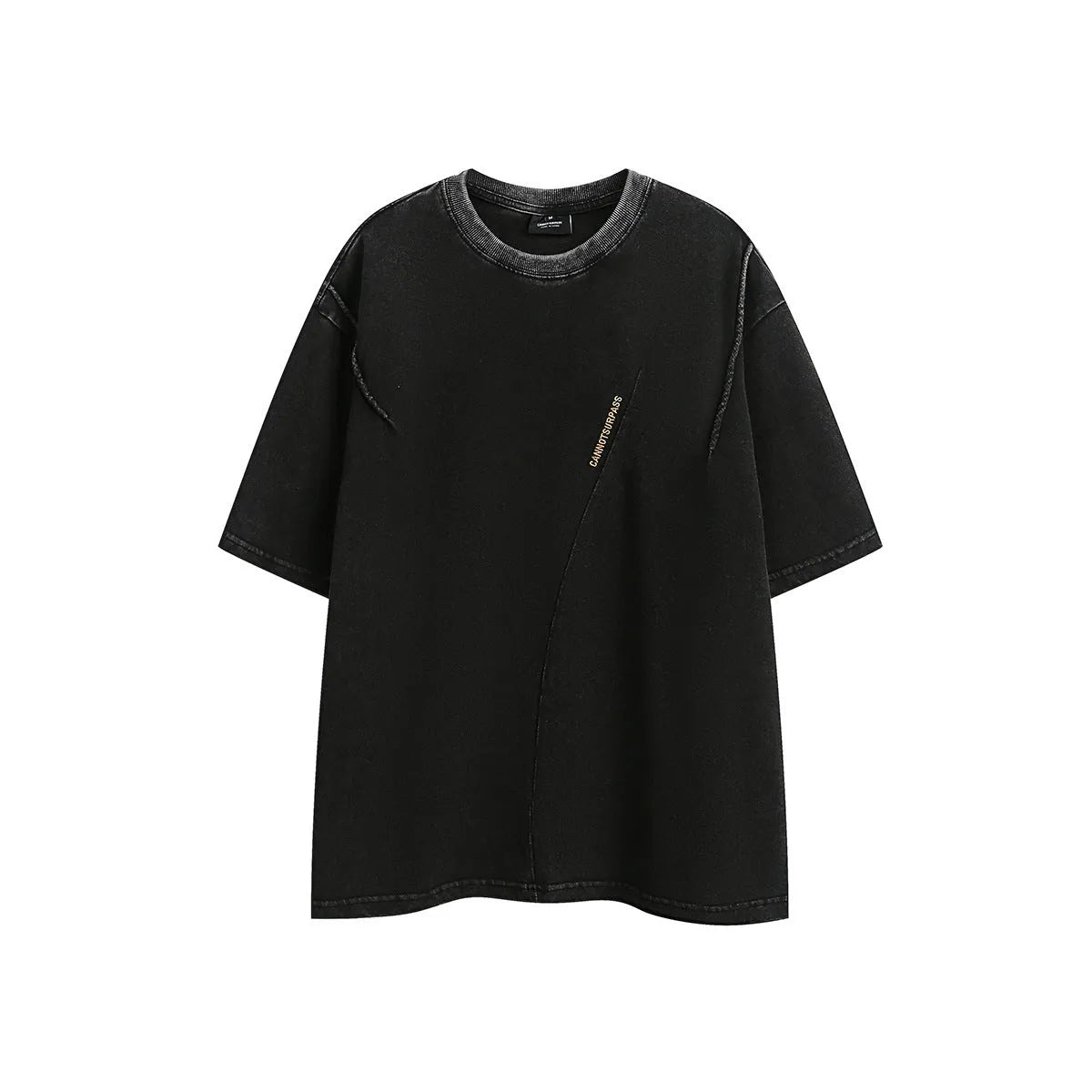 Men's loose fit black cotton T-shirt with embroidered design and washed vintage finish