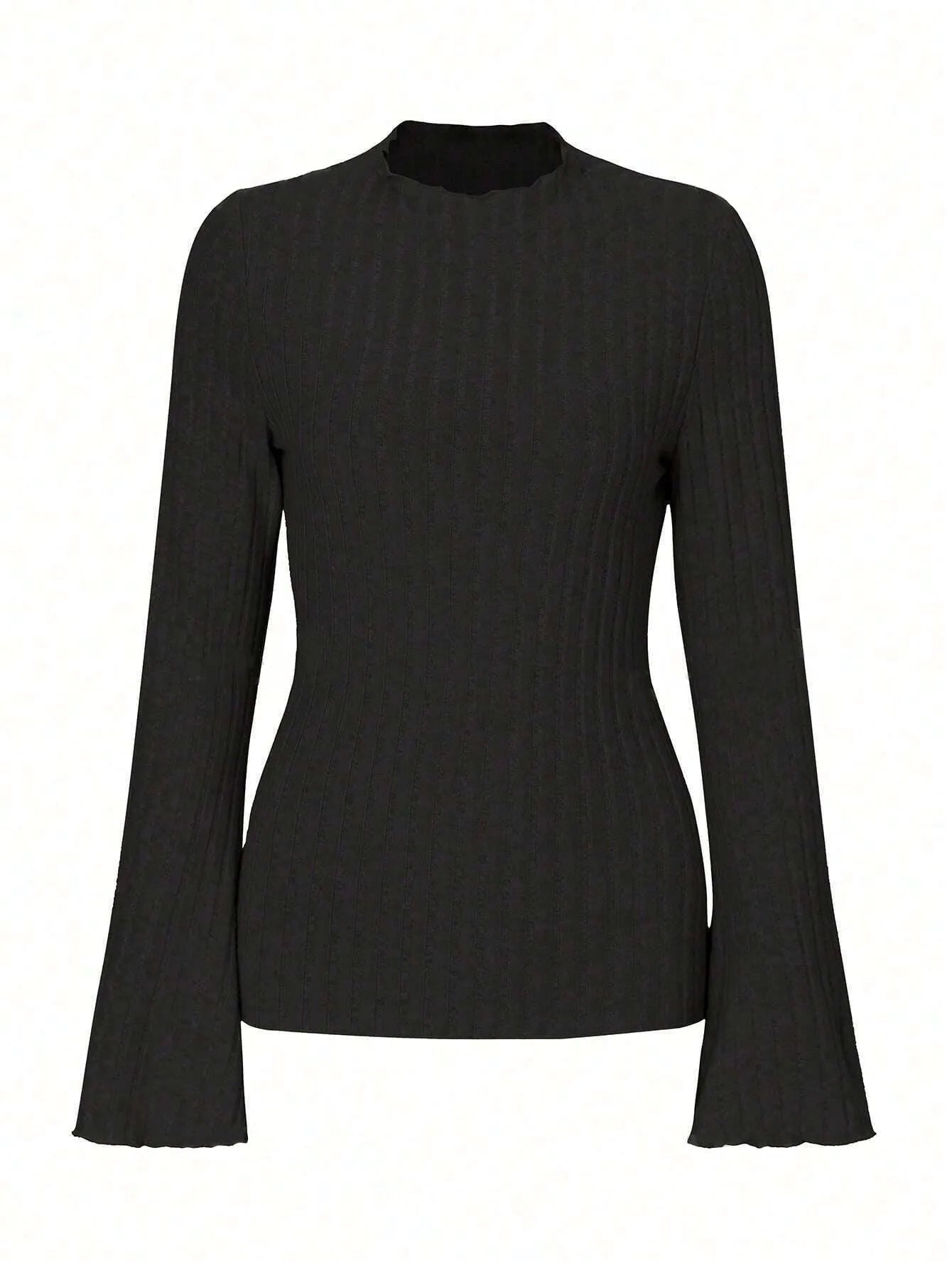 Long sleeve slim fit pullover top with lantern sleeves in black brushed polyester fabric