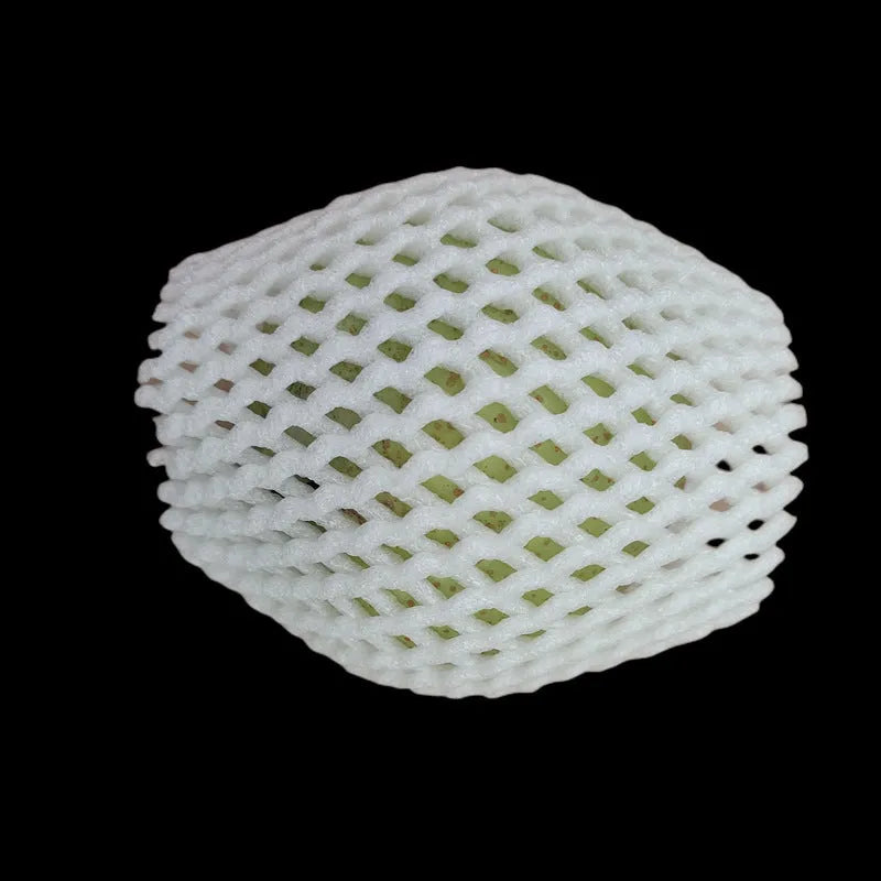 White foam net covers for fruit protection in multiple sizes on various fruits