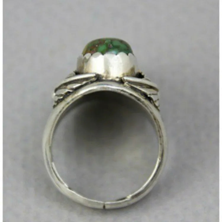 Turquoise geometric retro ring with inlaid design on alloy band