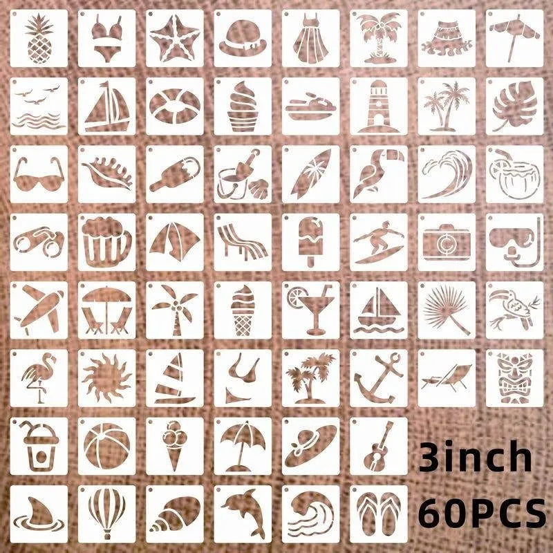 Milky white PET film 2-inch spray painting stencil templates with flower, leaf, bird, ocean, and animal patterns