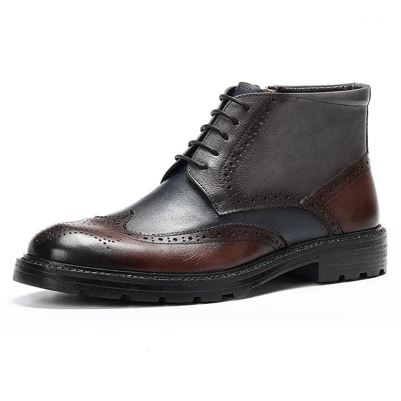 Men's curry blue leather brogue boots with carved stitching and front lacing