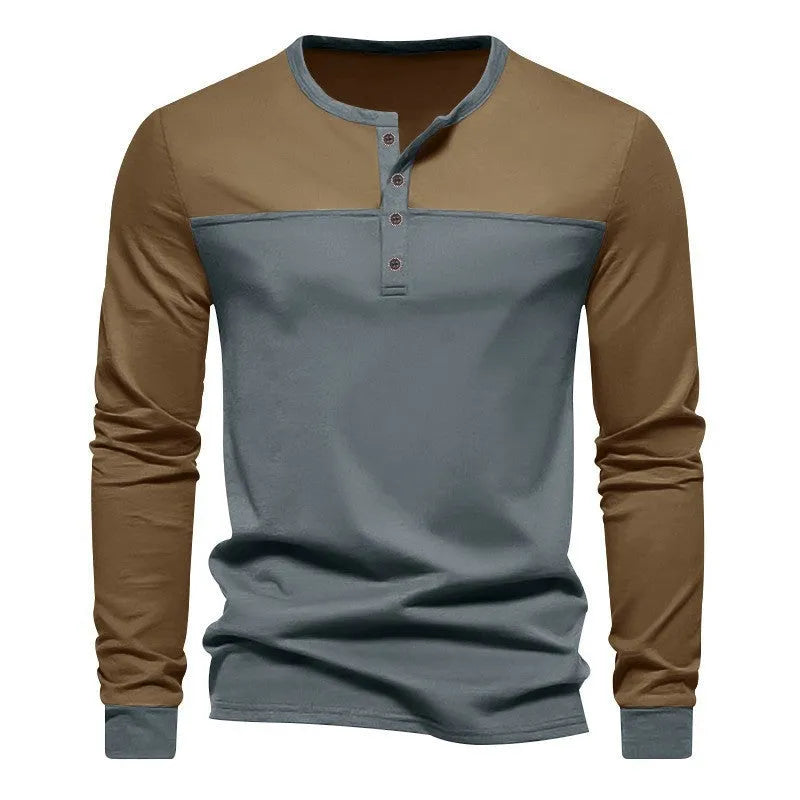 Men's long sleeve T-shirt with Henry collar in beaded twill fabric