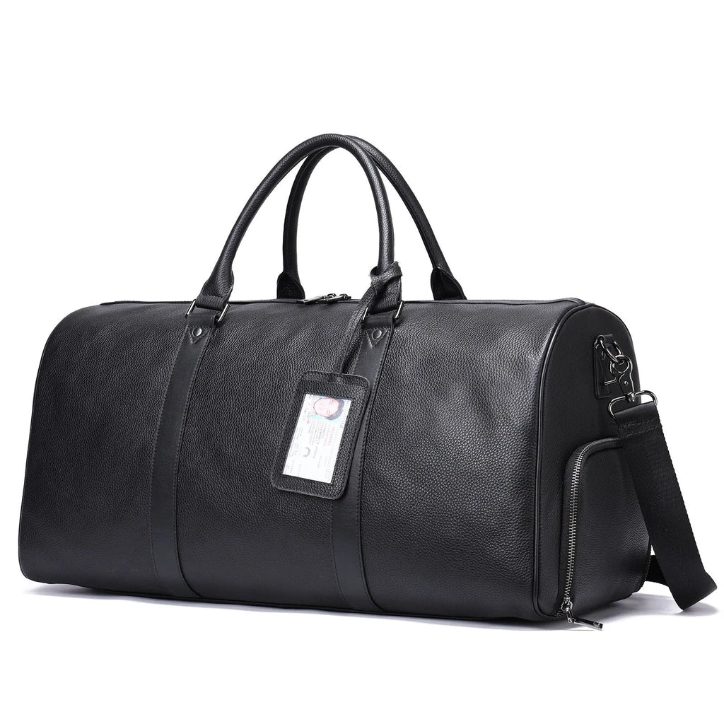 Men's black leather tote bag with single shoulder strap showing large capacity interior