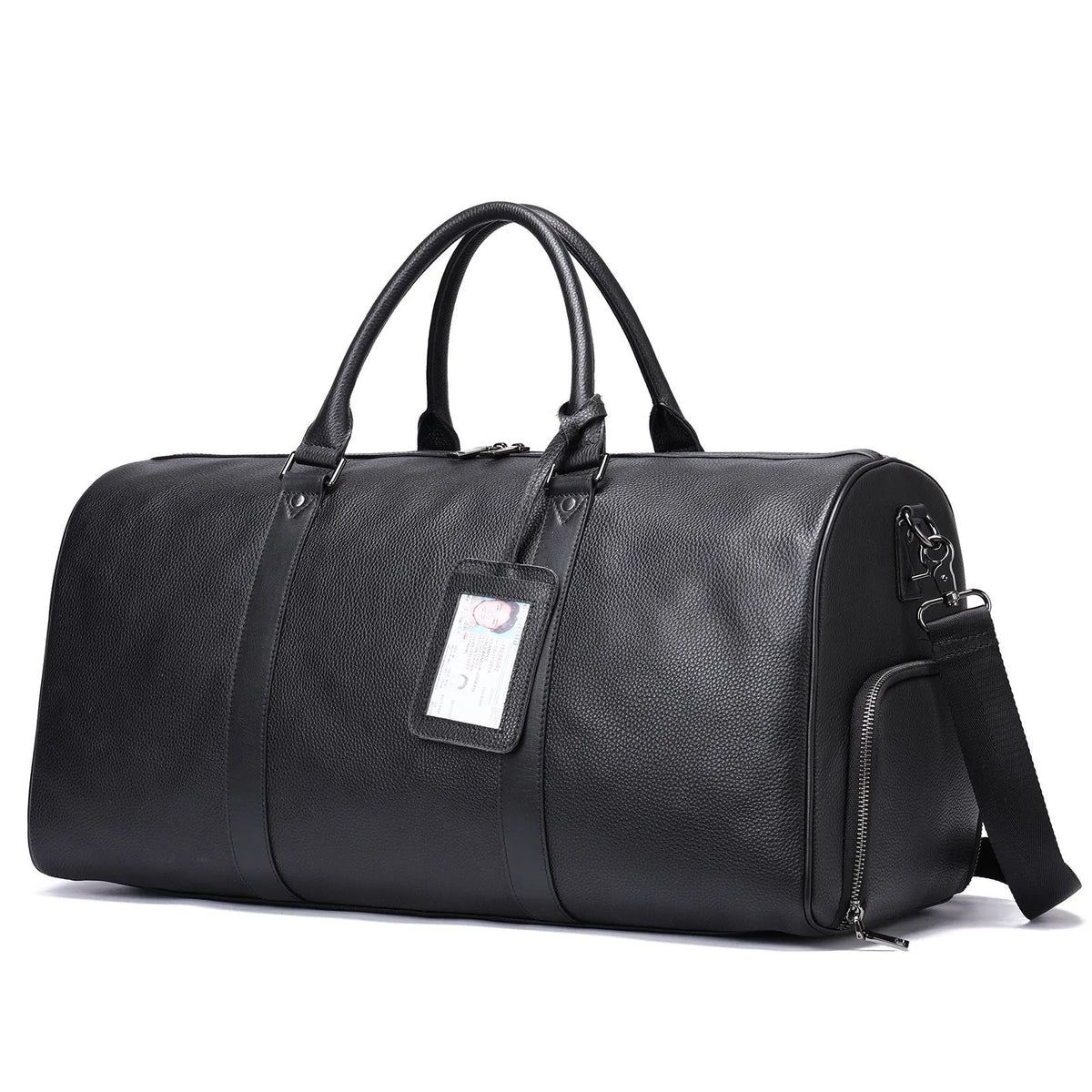 Men's black leather tote bag with single shoulder strap showing large capacity interior
