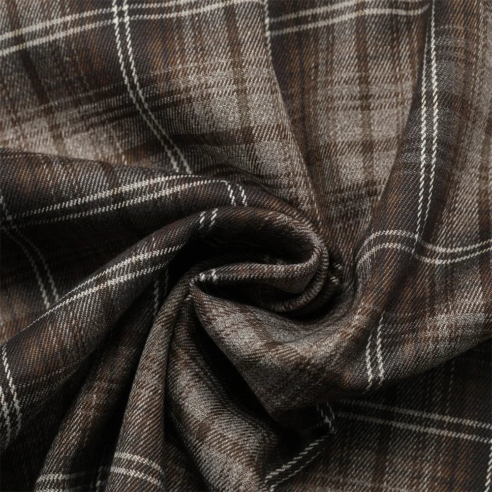 Men's short sleeve plaid shirt with letter embroidery and lapel collar in black or brown cotton blend fabric