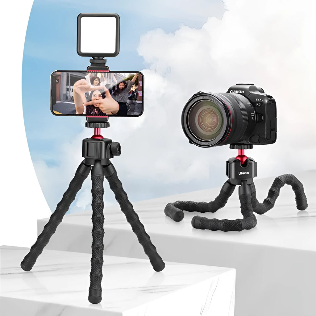 Multifunctional photography and video VLOG suite kit with black, silver, and grey aluminium tripod.