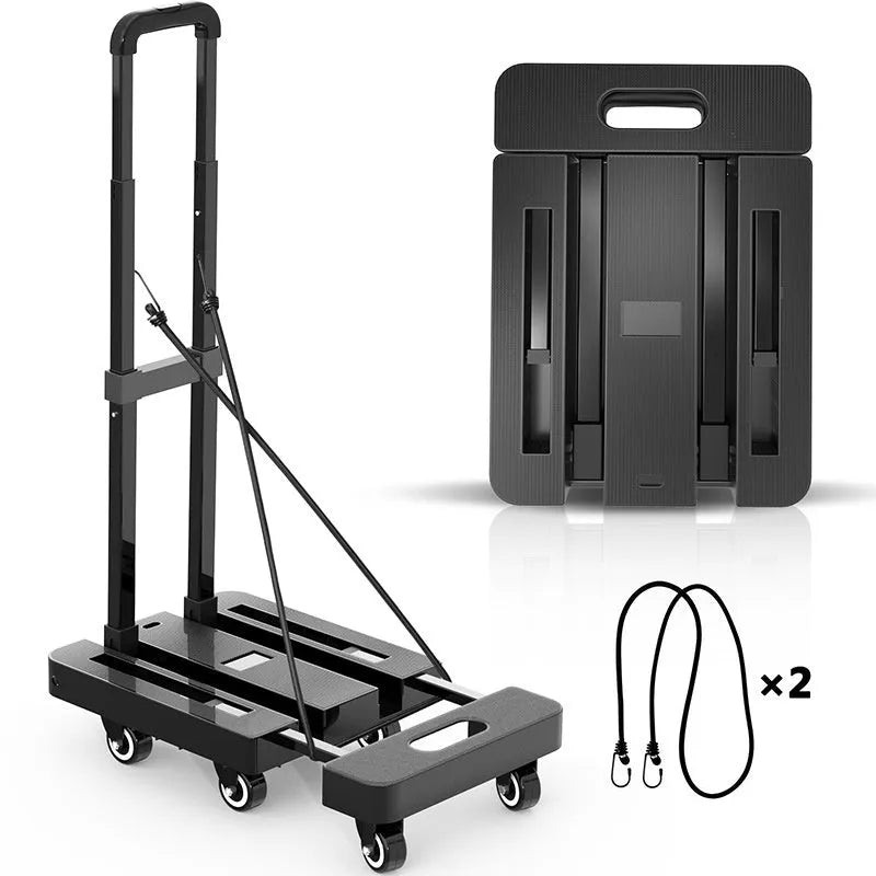 Black foldable handcart with silent PU wheels and PP plastic metal frame, portable trolley for shopping and moving.