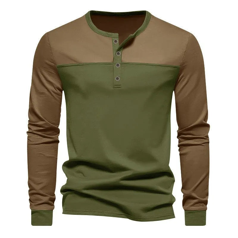 Men's long sleeve T-shirt with Henry collar in beaded twill fabric
