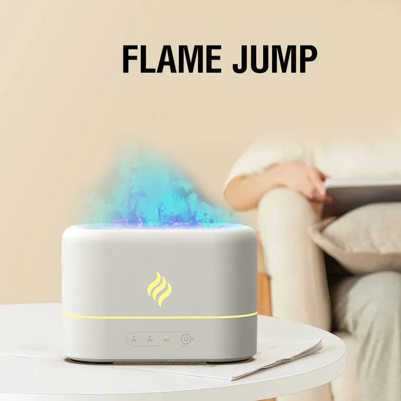 Black and white aromatherapy humidifier with a glowing seven-colour flame effect, showing USB port and water tank.