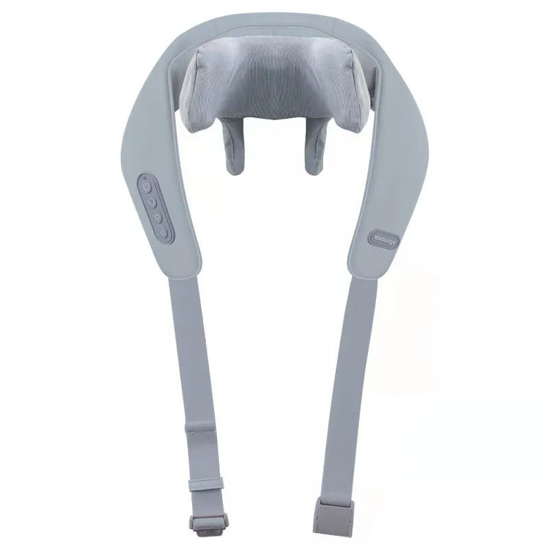 Gray portable USB rechargeable neck and back massager with elastic fabric construction.